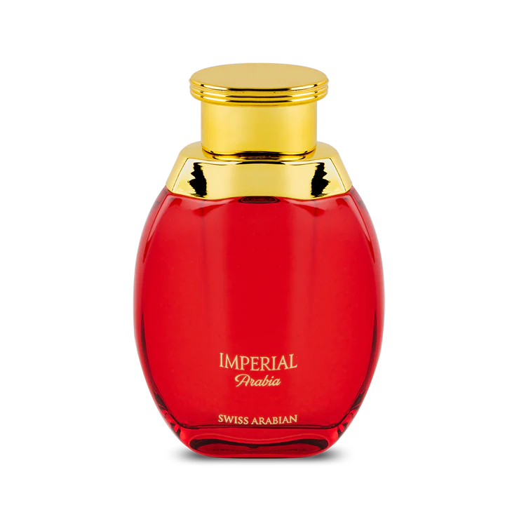 A red and gold bottle of Swiss Arabian Imperial Arabia 100ml Eau De Parfum, a unisex fragrance featuring notes of oud.