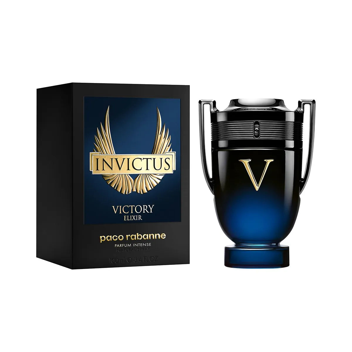 The Paco Rabanne Invictus Victory Elixir 100ml Parfum Intense stands with its black and gold box, an Oriental Woody fragrance exuding elegance and power, a must-have for any collection.