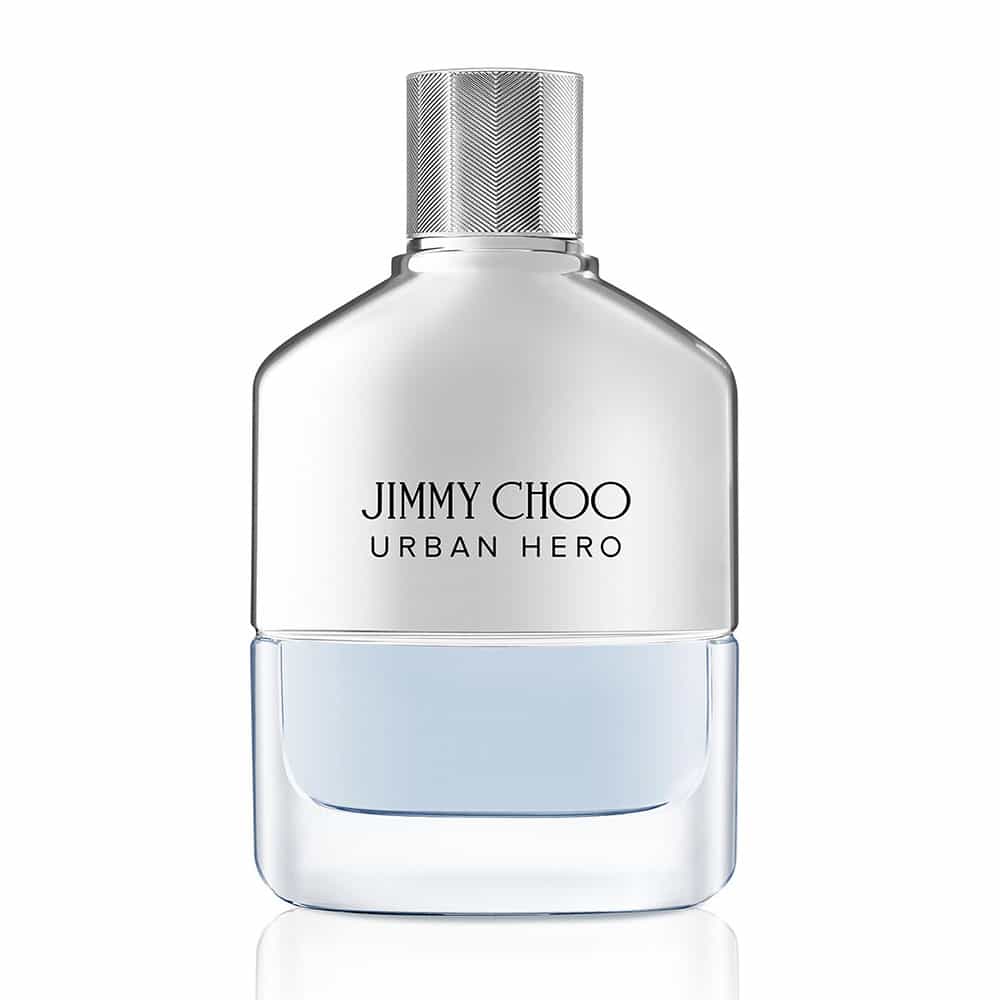 A 100ml Jimmy Choo Urban Hero Eau De Parfum bottle with clear glass, a metallic cap, and light blue liquid inside.