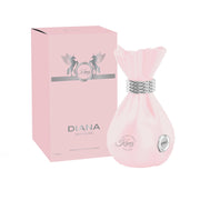 The Kanz Diana 100ml Eau De Parfum by Rio Perfumes features a pink perfume bottle and matching box with silver accents, highlighting the brand name "Kanz" and the delightful floral scent "Diana Pour Femme.