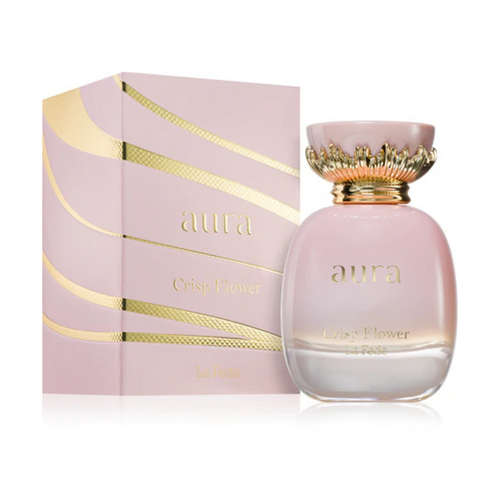 A pink Khadlaj Aura Crisp Flower 100ml Eau De Parfum bottle, with its floral charm, sits elegantly beside a matching decorative box with gold accents.