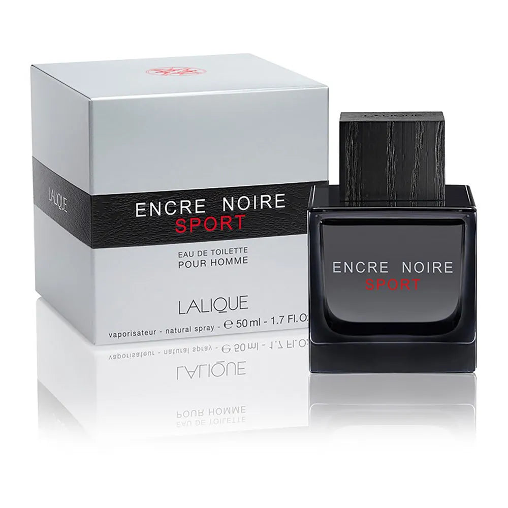 Lalique Encre Noire Sport 50ml Eau de Toilette for men, designed by Nathalie Lorson, features a sleek black and silver bottle that complements its woody aquatic scent.