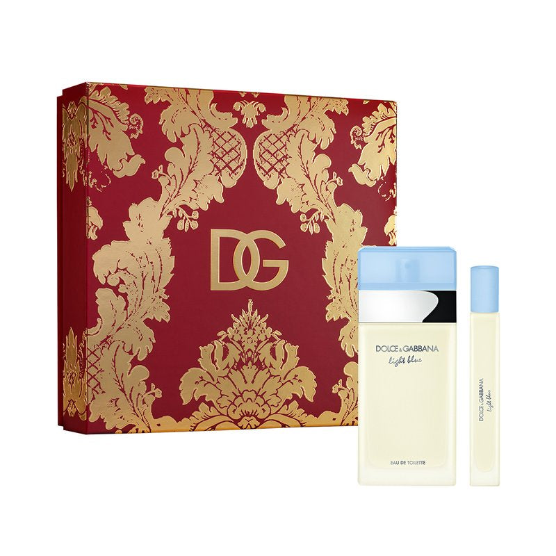 Dolce & Gabbana's Light Blue Eau de Toilette Gift Set comes in a red and gold patterned box, including two bottles of the fragrance—one full-sized and one perfect for travel.