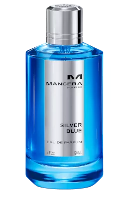 The Mancera Silver Blue 120ml Eau De Parfum features a captivating floral fragrance, presented in a blue glass bottle with a metallic cap.