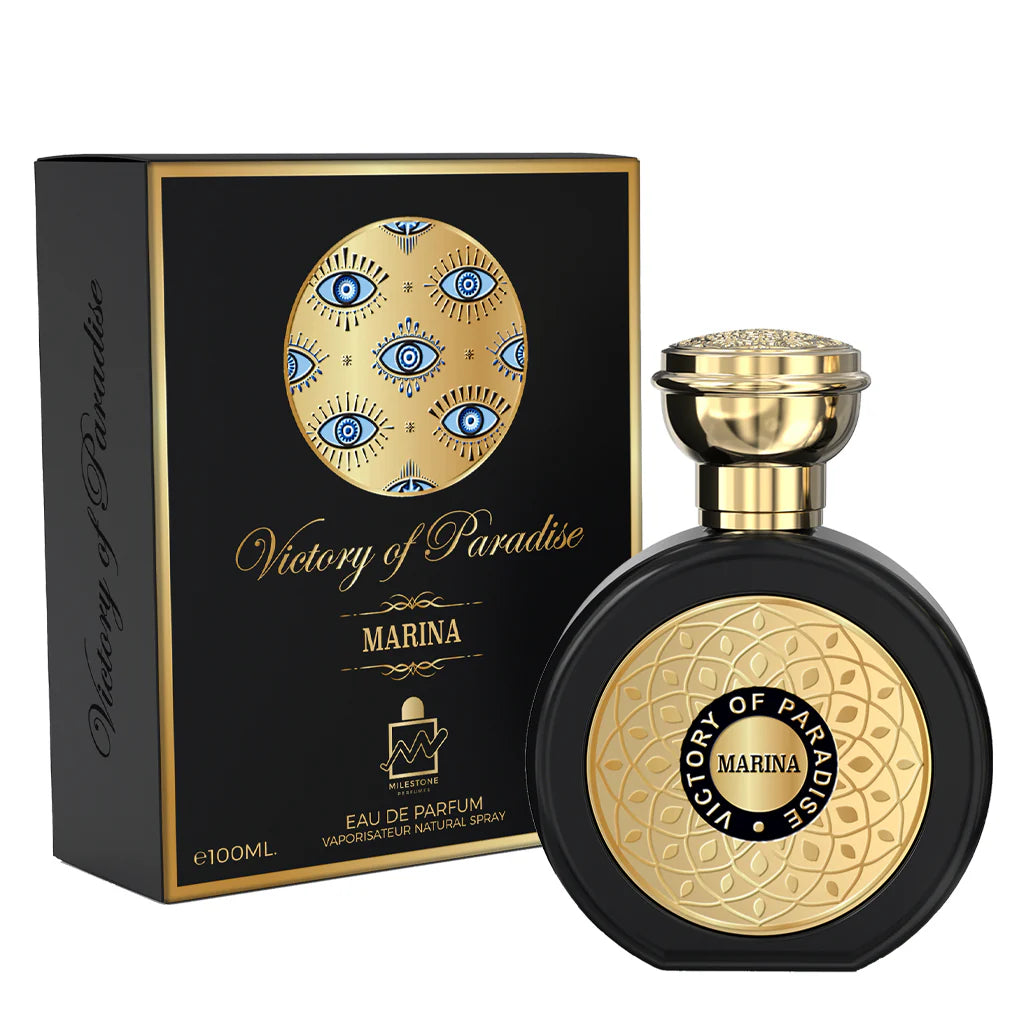 A 100ml Eau De Parfum bottle in black and gold, named "Milestone Victory of Paradise Marina" by Rio Perfumes, is placed next to its matching box decorated with eye symbols, offering a captivating fragrance for both men and women.