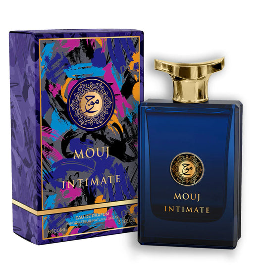 A blue bottle of "Milestone Mouge Ice Age" Eau De Parfum by Rio Perfumes is displayed next to its decorative box with a colorful abstract design. The bottle has a gold cap and label, capturing the essence of this exquisite fragrance.