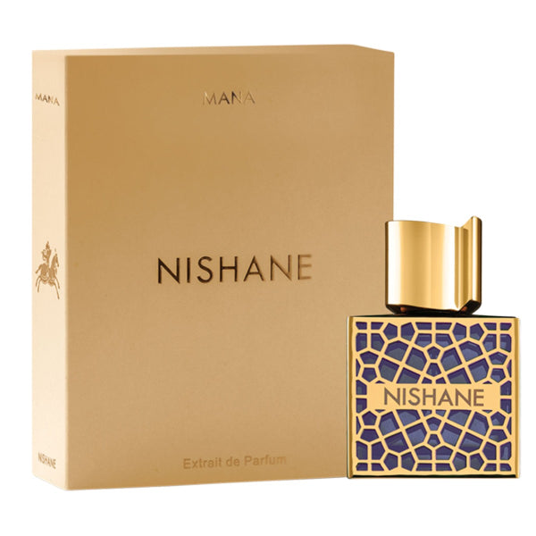 Load image into Gallery viewer, A 50ml bottle of Nishane Mana Extrait De Parfum, adorned with a gold and blue mosaic design, is elegantly displayed before a beige box embossed with &quot;Nishane&quot; and labeled &quot;Extrait De Parfum.&quot; Its captivating fragrance exudes hints of oud and leather.
