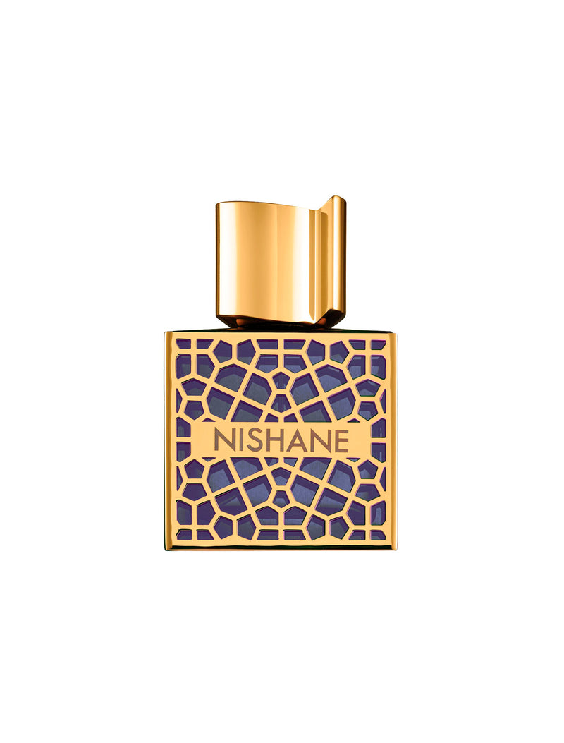 Load image into Gallery viewer, The Nishane Mana 50ml Extrait De Parfum showcases a golden cap and blue geometric pattern on the bottle, delivering citrusy notes and a long-lasting aroma.
