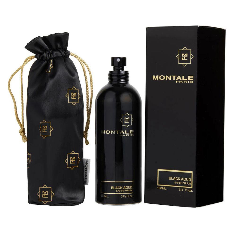 The Montale Paris Black Aoud 100ml Eau De Parfum features a spray top, accompanied by a sophisticated black velvet pouch and box, exuding an exquisite oud fragrance.