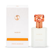 A white boxed and bottled fragrance labeled “Swiss Arabian Musk 01” with an ornate rose gold cap, this Swiss Arabian Musk 01 100ml Eau De Parfum is a product from Swiss Arabian that functions as a Fragrance for Men & Women.