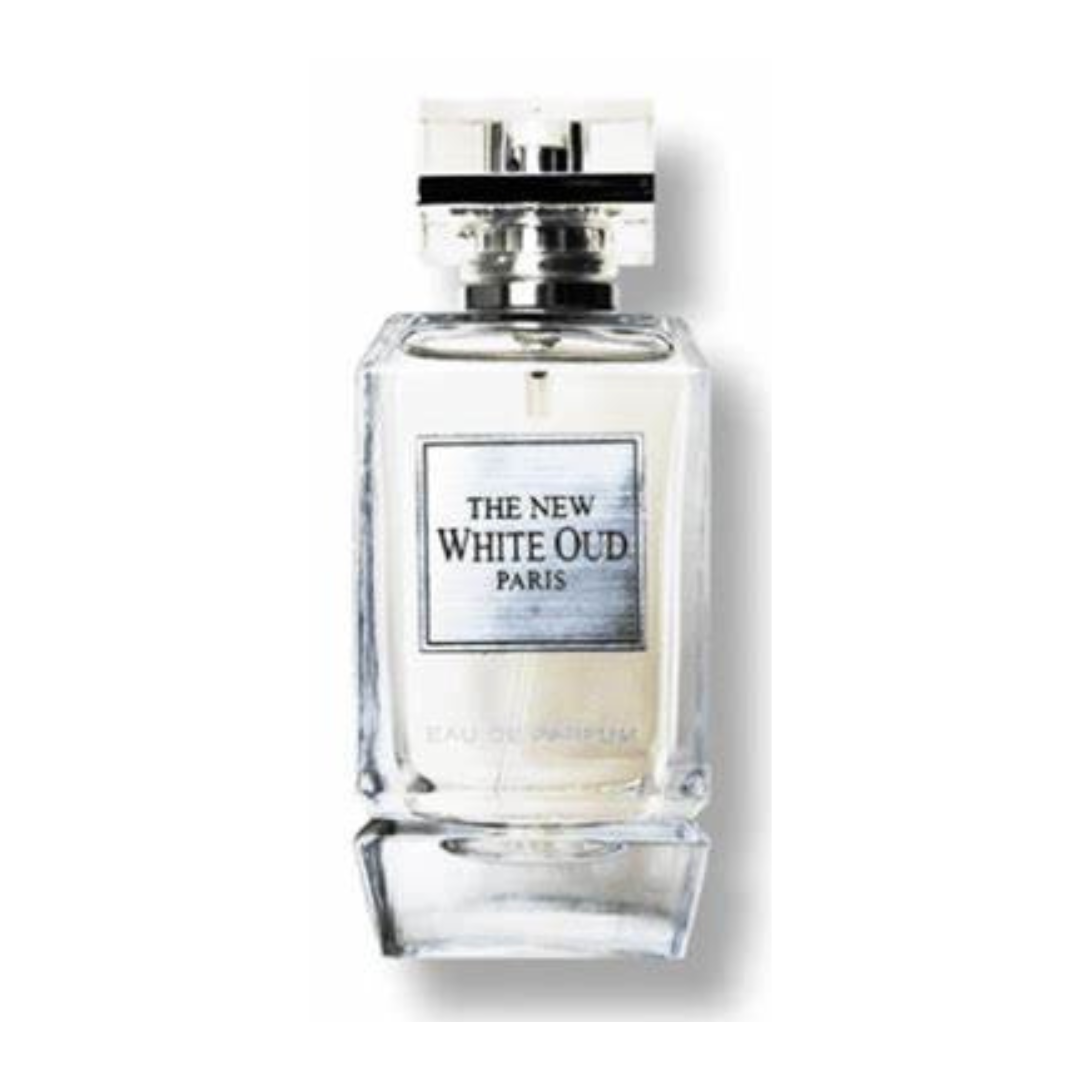 A glass perfume bottle labeled "New White Oud 100ml Eau De Parfum" from Dubai Perfumes, featuring a silver cap, holds an enchanting fragrance.