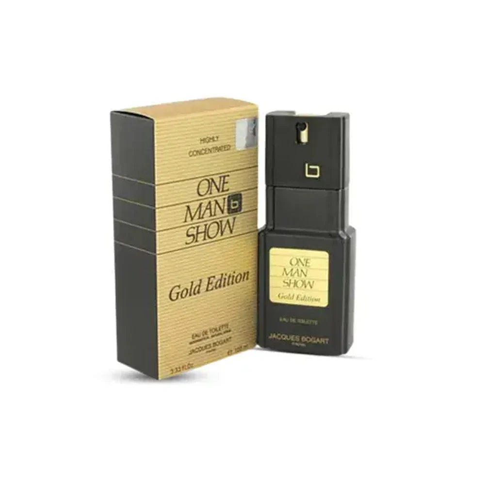 The Jacques Bogart One Man Show Gold Edition 100ml EDT by Rio Perfumes, elegantly presented in a black and gold bottle with its box, offers a captivating fragrance for all.