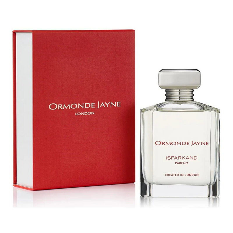 Load image into Gallery viewer, The Ormonde Jayne Isfarkand 120ml Eau De Parfum by Rio Perfumes elegantly rests near a red box with white text, embodying the timeless allure of a Woody Chypre fragrance.
