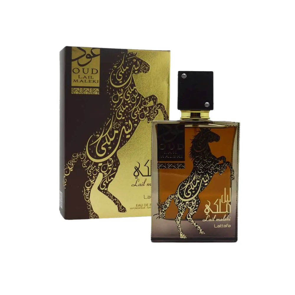 A brown perfume bottle with an ornate horse design stands in front of its matching box, which features similar artwork. The label reads "Lattafa Oud Lail Maleki 100ml Eau de Parfum," hinting at the unisex amber fragrance within by Lattafa.