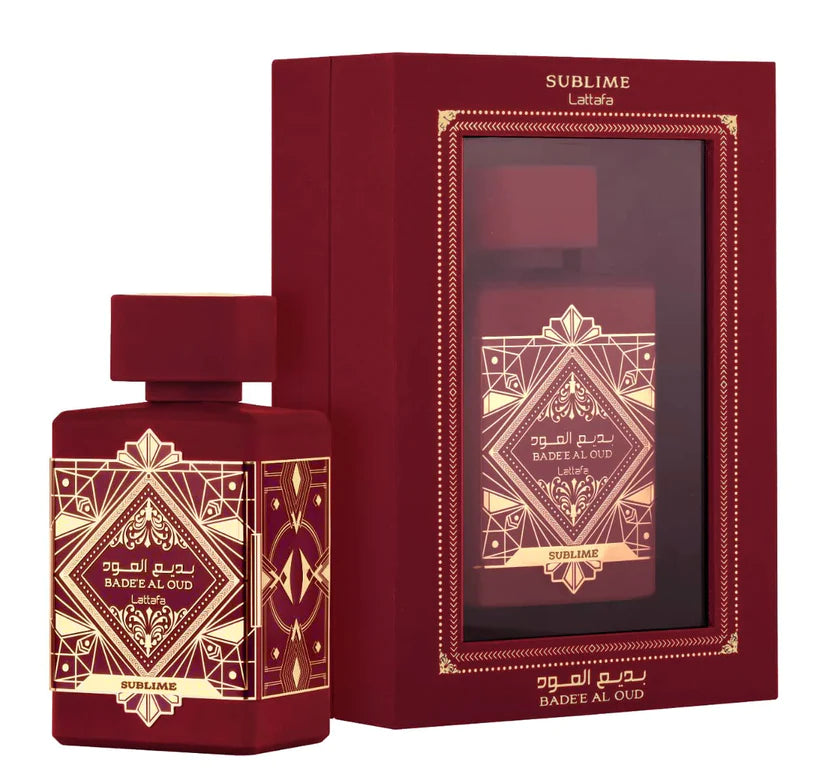 A bottle of Lattafa Badee Al Oud Sublime 100ml Eau De Parfum next to a box.