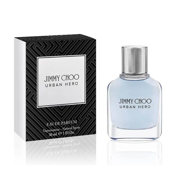 A 100ml bottle of Jimmy Choo Urban Hero Eau De Parfum, an enthralling men's fragrance, rests by its black patterned box.