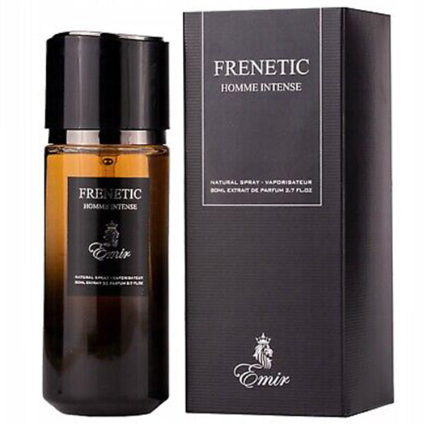 A brown bottle of Emir Frenetic Homme Intense 100ml Eau De Parfum by Paris Corner rests elegantly beside its black box, offering a captivating iris note for a unique unisex fragrance.