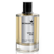 Explore the captivating scent of Milestone Monarch Vanilla Rose 100ml Eau De Parfum by Rio Perfumes. This exquisite bottle, featuring a silver label and an elegant black cap, embodies luxury and romance.