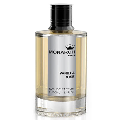 Explore the captivating scent of Milestone Monarch Vanilla Rose 100ml Eau De Parfum by Rio Perfumes. This exquisite bottle, featuring a silver label and an elegant black cap, embodies luxury and romance.