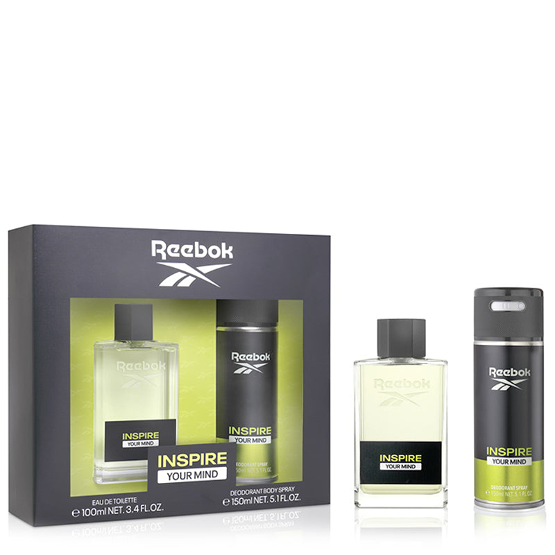 The Reebok Inspire Your Mind gift set for men includes a 100ml EDT and a 150ml deodorant, elegantly packaged in green and black.