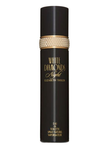 A 100ml black bottle of Elizabeth Taylor White Diamonds Night Eau De Toilette, with gold accents and text, embodies a sophisticated Floral Woody Musk essence.