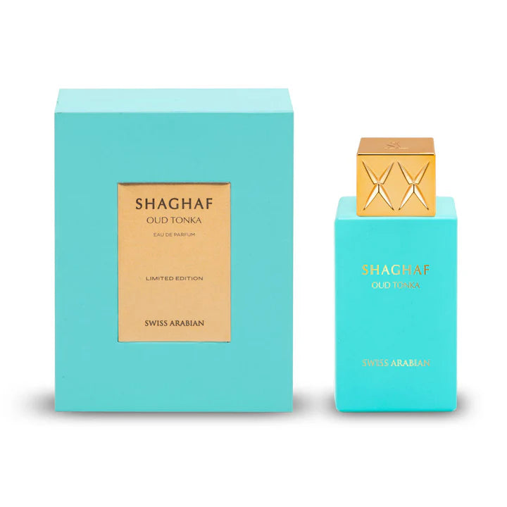 The Swiss Arabian Oud Tonka 75ml Eau De Parfum, available in a teal bottle and box with gold accents, is offered by Rio Perfumes. This luxurious blend comes with a buy 1 get 1 free offer.