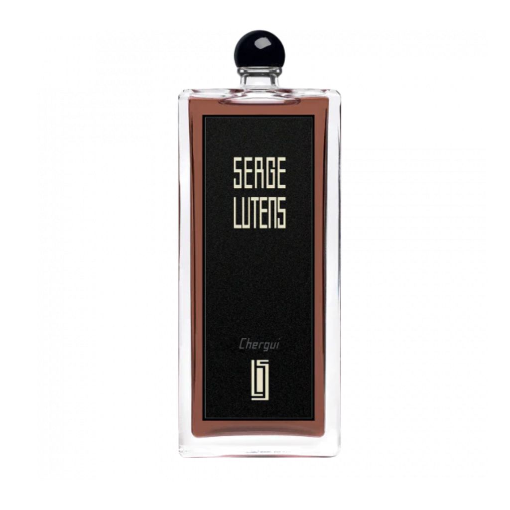 A 100ml Serge Lutens Chergui Eau De Parfum bottle, rectangular in shape, elegantly features a black cap and label.