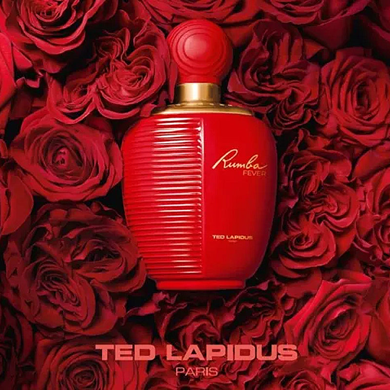 Load image into Gallery viewer, The Ted Lapidus Rumba Fever 100ml Eau De Toilette, wrapped in a striking red bottle and surrounded by lush red roses, radiates the captivating charm of an Oriental Floral scent, embodying the essence of Ted Lapidus Rumba with each spray.
