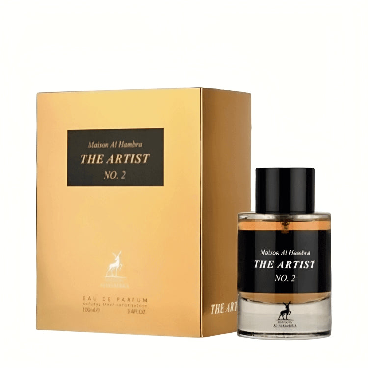 A bottle of Maison Alhambra The Artist No.2 100ml Eau De Parfum, elegantly placed beside its gold-colored packaging box. The clear bottle, designed for men and women, features a sophisticated black label and matching black cap.