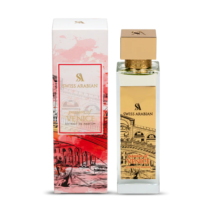 The Swiss Arabian Passion of Venice 100ml Extrait De Parfum romantically captures Venice's spirit, with its bottle displayed beside a box artfully illustrating the enchanting city.