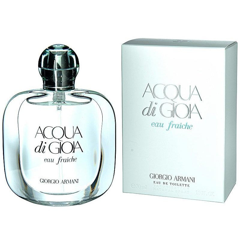 A bottle of Acqua di Gioia Eau Fraiche 100ml Eau De Toilette by Armani is elegantly displayed alongside its pristine white packaging box.