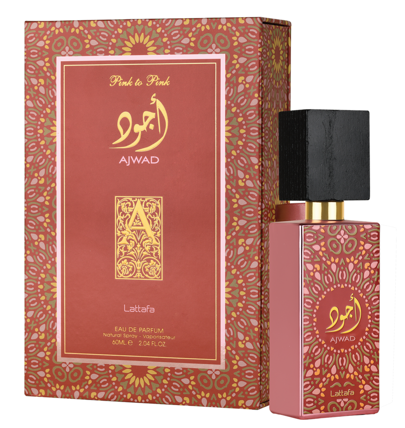 Load image into Gallery viewer, The image shows a perfume bottle and its packaging. The intricate design of the packaging features the words &quot;Fragrance World&quot; and &quot;Lattafa Ajwad Pink to Pink 60ml Eau de Parfum.&quot; The bottle, labeled &quot;Lattafa Ajwad Pink to Pink 60ml Eau de Parfum&quot; by Fragrance World, reflects a similar design. This Eau De Parfum is a captivating fragrance for men &amp; women.
