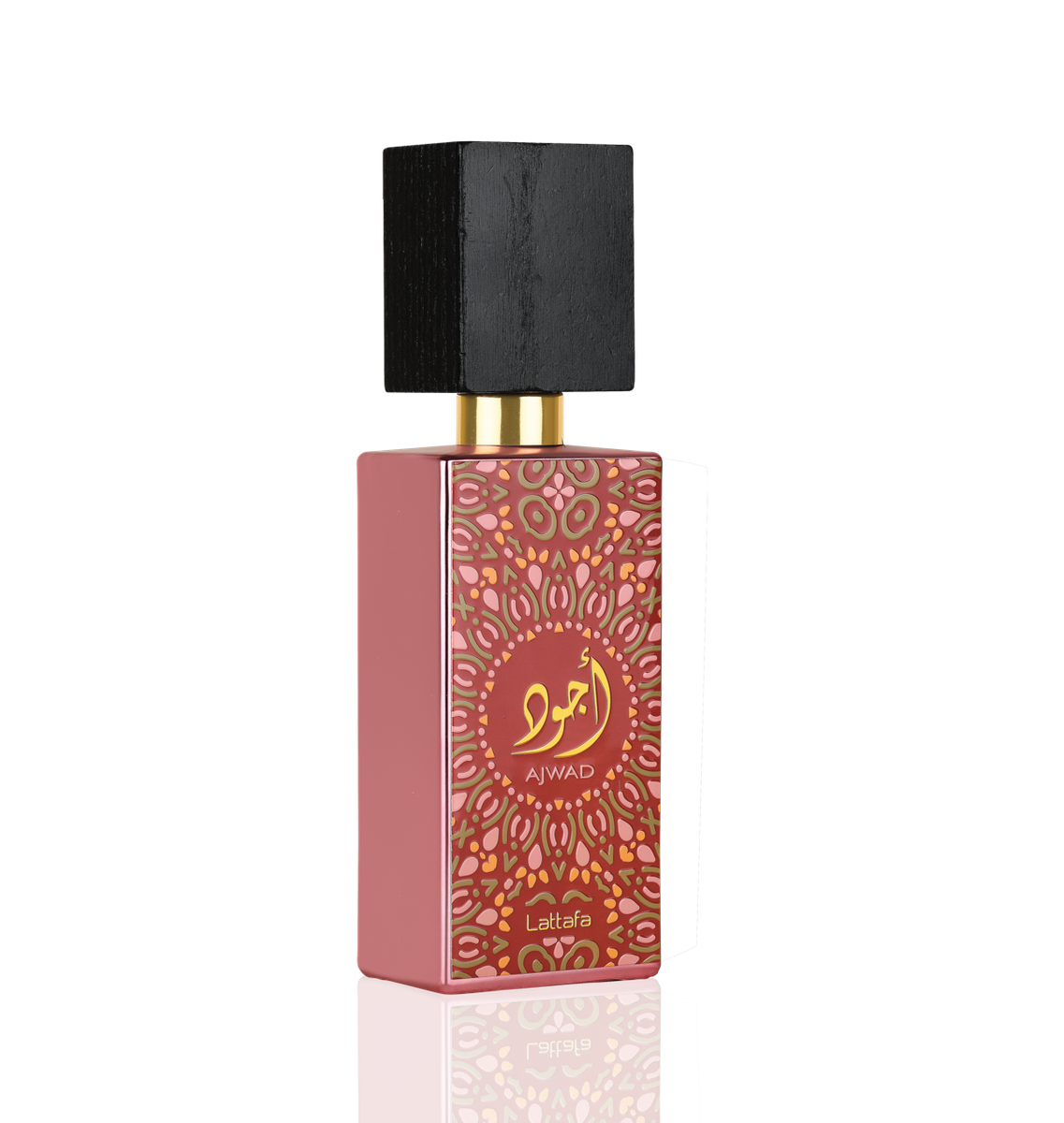 A rectangular perfume bottle with intricate patterns and Arabic script, labeled "Fragrance World Lattafa Ajwad Pink to Pink 60ml Eau de Parfum" for a fragrance for men & women, featuring a black cap and a gold spray nozzle.