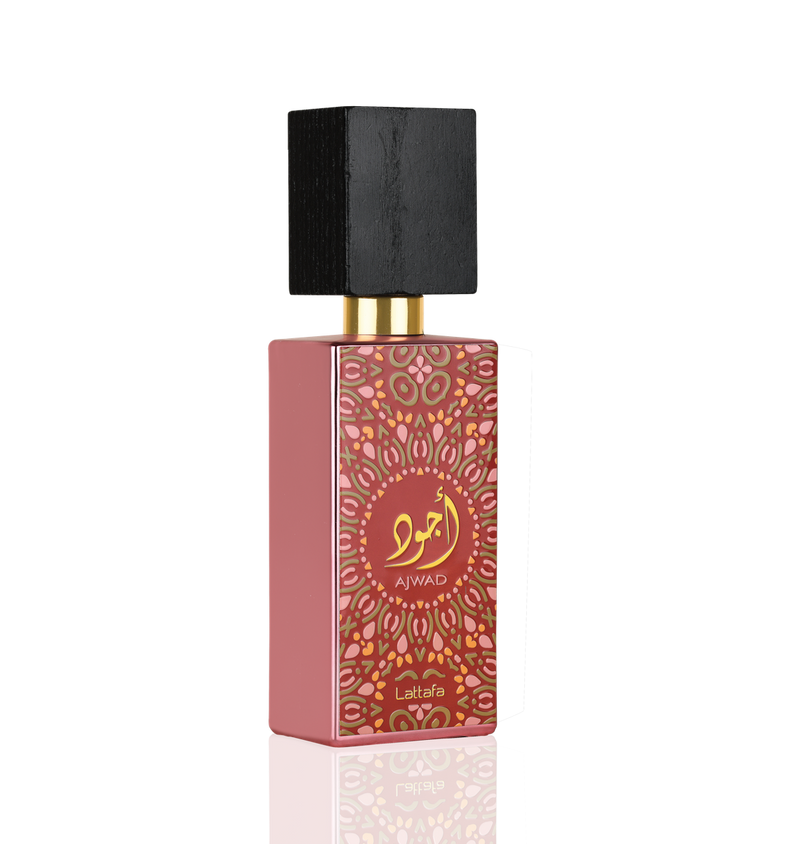 Load image into Gallery viewer, A rectangular perfume bottle with intricate patterns and Arabic script, labeled &quot;Fragrance World Lattafa Ajwad Pink to Pink 60ml Eau de Parfum&quot; for a fragrance for men &amp; women, featuring a black cap and a gold spray nozzle.
