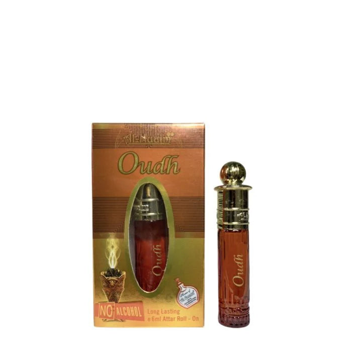 The Al-Nuaim Arabian Oud 6ml Attar Roll On features a golden cap and packaging that emphasizes "No Alcohol" and "Long Lasting," offering a pure, enduring fragrance experience for those seeking an alcohol-free perfume.