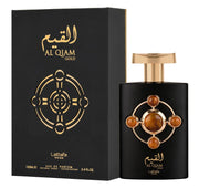 The Lattafa Al Qiam Gold 100ml Eau De Parfum from Lataffa features an ornate gold and amber designed bottle beside a black and gold box, presenting a luxurious unisex fragrance.