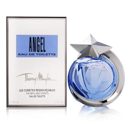 The perfume packaging for "Mugler Angel 80ml Eau De Toilette Refillable" features a blue, star-shaped bottle nestled beside its box labeled with the product name. This iconic design embodies the essence of the oriental gourmand fragrance for which Mugler is renowned.