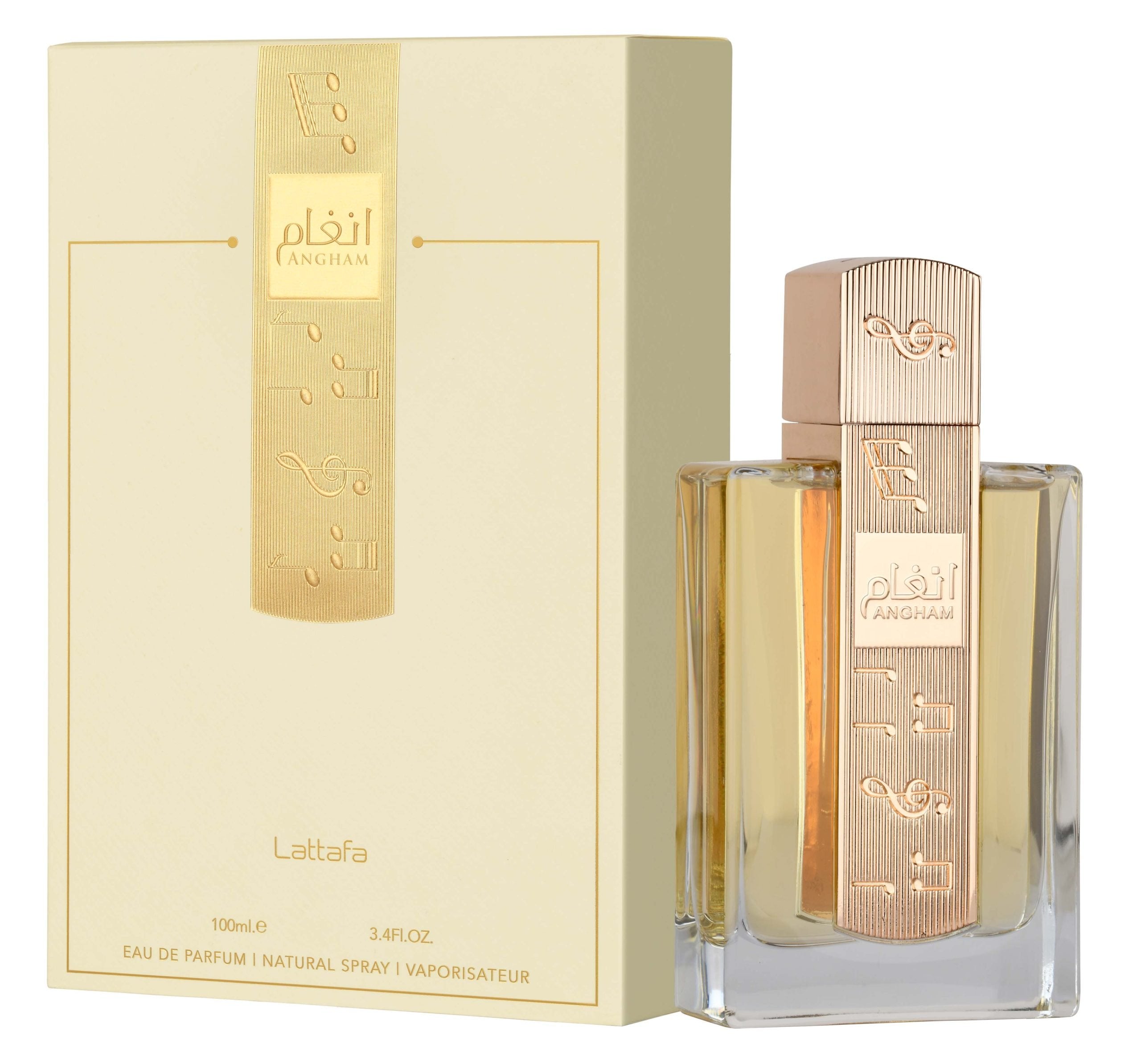 The Lattafa Angham 100ml Eau de Parfum from Lataffa features a perfume bottle with a gold-toned cap and coordinated packaging, both adorned with musical note designs and Arabic text, promising an enchanting Oriental Vanilla fragrance.