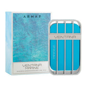 Armaf Ventana Marine 100ml Eau De Parfum is a woody aquatic fragrance for men, elegantly displayed in a blue and silver bottle alongside its coordinated box.