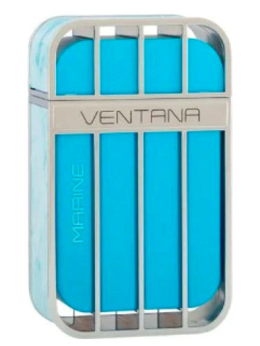 Load image into Gallery viewer, The Armaf Ventana Marine 100ml Eau De Parfum features a sophisticated rectangular design with a silver frame and a striking blue inner section. Its modern appearance is enhanced by vertical bars, and the engraved Armaf brand name is prominently displayed at the top. Infused with a woody aquatic fragrance, it offers an ideal scent for men.
