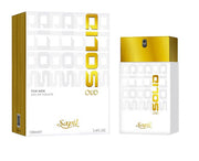 The image displays a box and a bottle of "Sapil Solid Oud for Men" 100ml Eau De Parfum by Sapil, showcasing its elegant white and gold color scheme. The 100ml (3.4 fl oz) bottle highlights notes of Indonesian Patchouli Leaf, enhancing the rich essence of Agarwood (Oud).