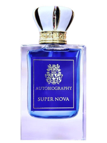 A clear glass bottle with blue liquid inside labeled "Autobiography Super Nova 50ml Eau De Parfum" and a silver and gold decorative cap, offering a unisex warm & woodsy fragrance for men & women.