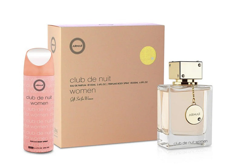 The Armaf Club de Nuit Woman 105ml Eau De Parfum Gift Set by Armaf offers a Floral Fruity fragrance with an Eau De Parfum bottle and body spray, beautifully packaged in a peach-colored box.