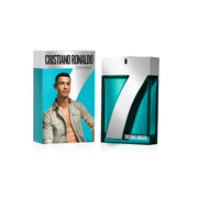 A bottle of "Cristiano Ronaldo 7 Origins" Eau De Toilette sits elegantly beside its box, featuring a man in a green shirt. This 100ml EDT for men embodies sophistication and athletic charm.