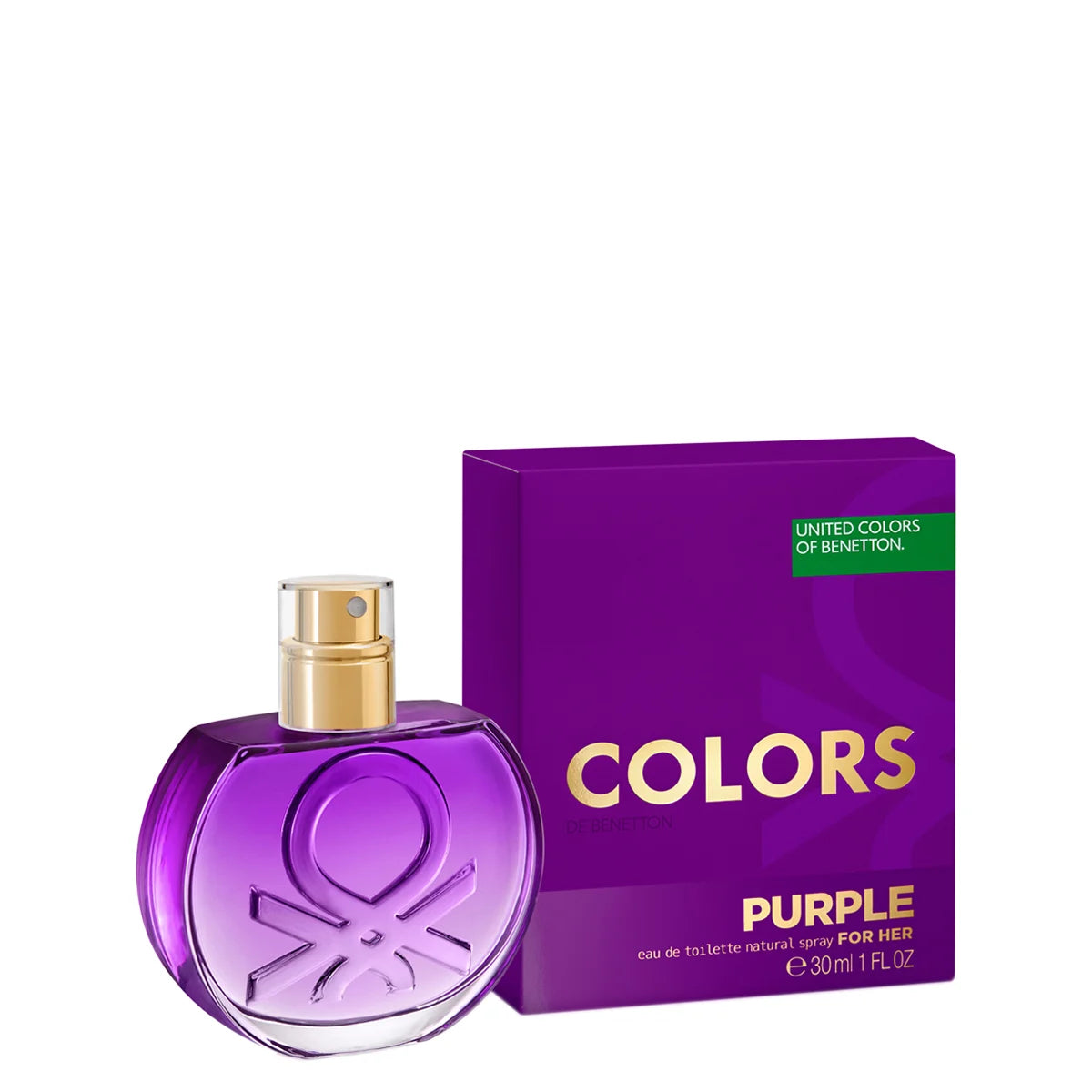 A purple perfume bottle and its matching box labeled "United Colors of Benetton Woman Purple" by Benetton for Women, with an 80 ml capacity indicated, showcasing a delightful Chypre Floral fragrance.