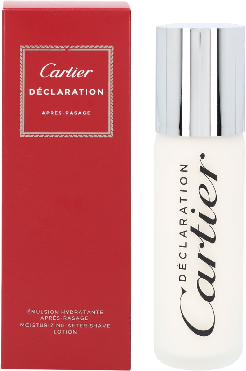 Cartier Déclaration Apres Rasage 100ml After Shave splash, exquisitely presented in a red box with white text, is topped with a sleek silver cap.