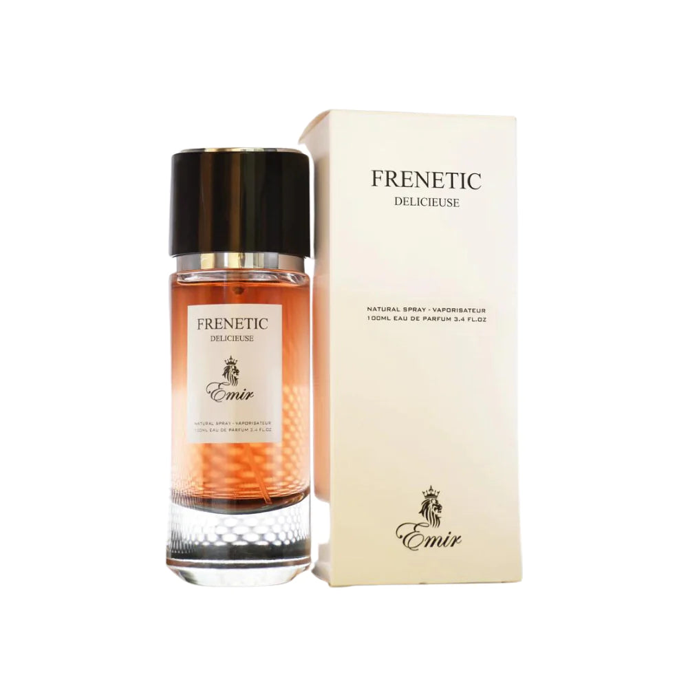 A bottle of Lattafa Paris Corner Frenetic Delicieuse 100ml Eau De Parfum next to a box.