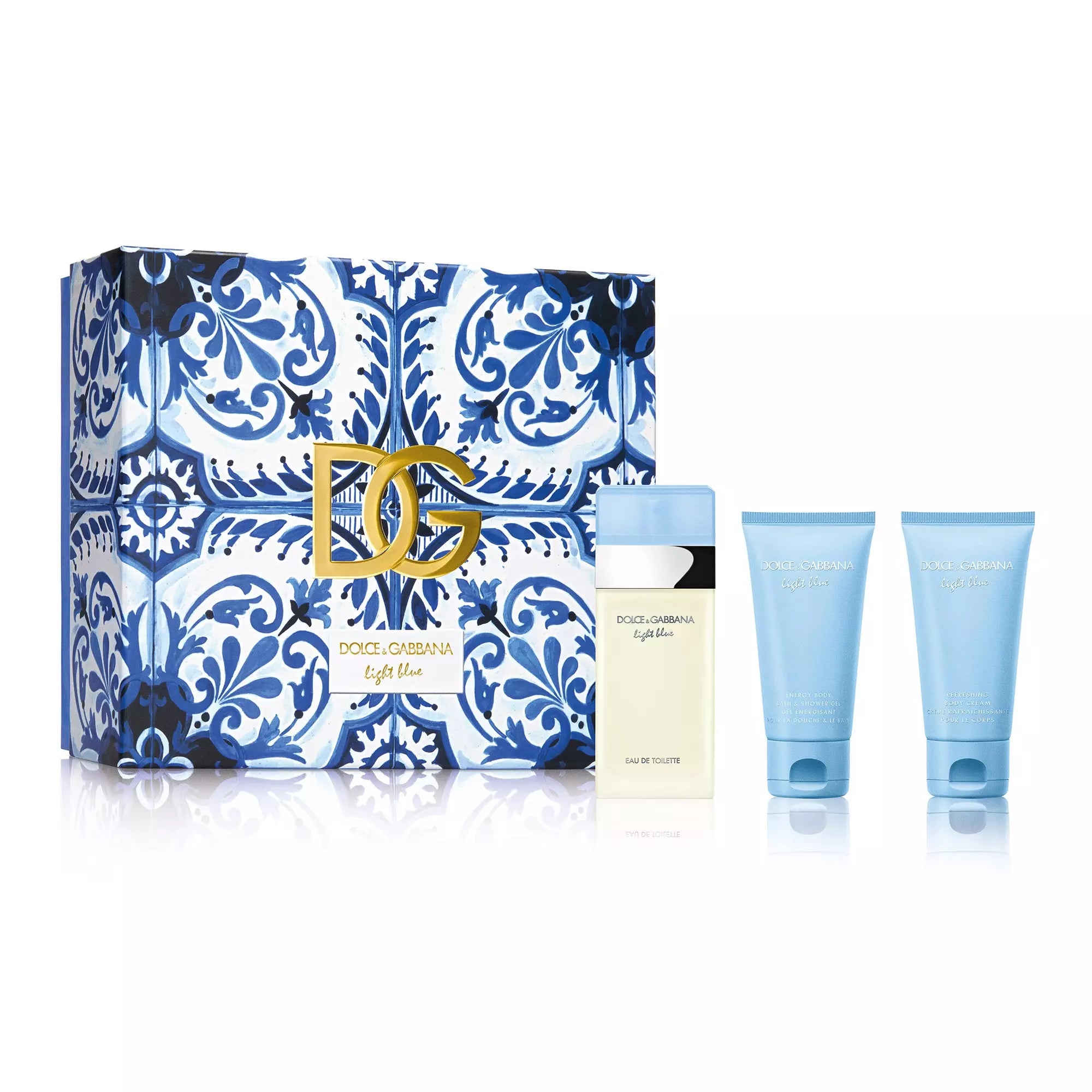 The Dolce & Gabbana D&G Light Blue 50ml Eau De Toilette Gift Set includes a decorated box, a bottle of the iconic Eau De Toilette, and two tubes of lotion, making it the perfect fragrance for women.