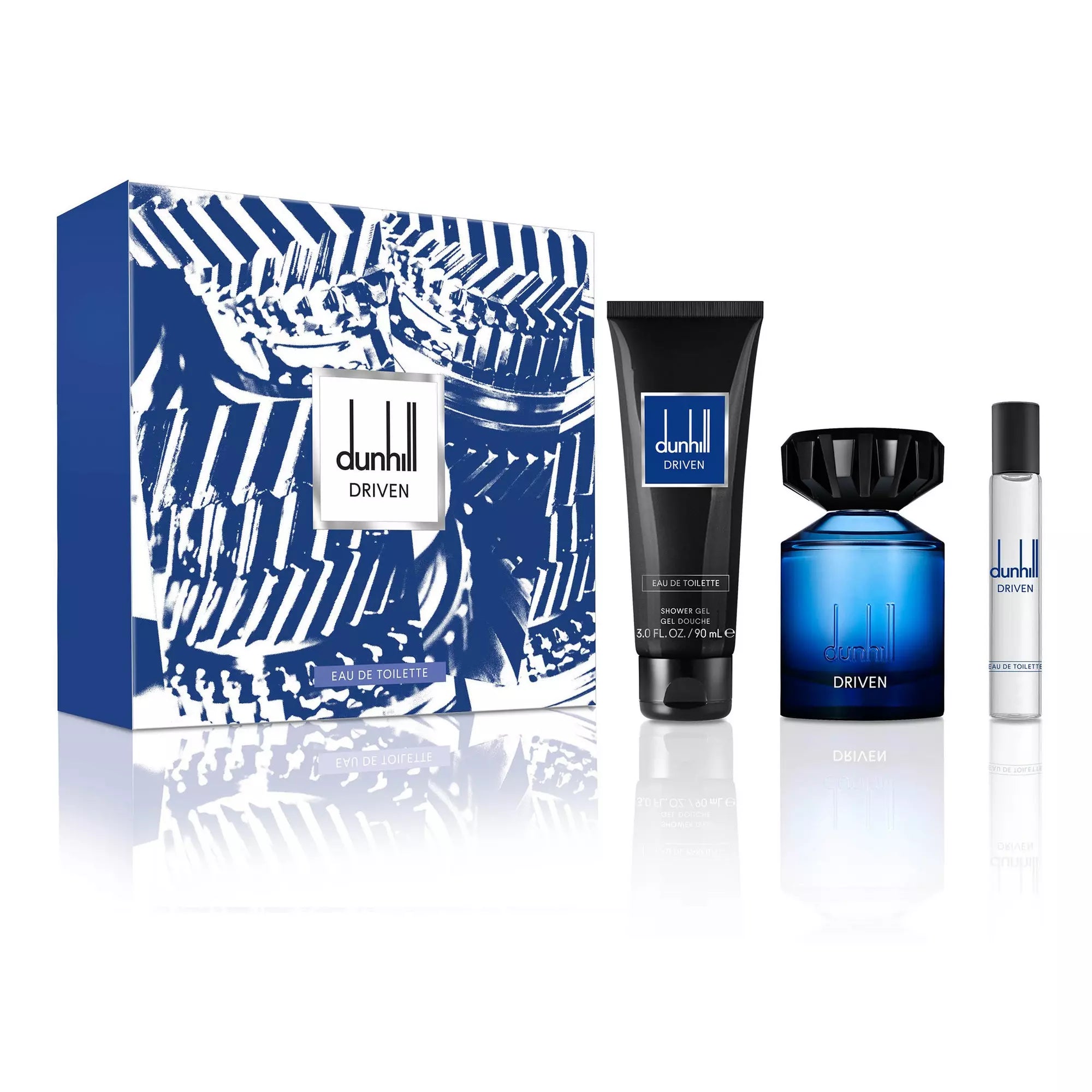 The Alfred Dunhill Driven 100ml Eau De Toilette Gift Set comes in a stylish blue-themed box with a modern design, including an Eau De Toilette spray, shower gel, and travel spray. This sophisticated fragrance for men blends style and scent perfectly.