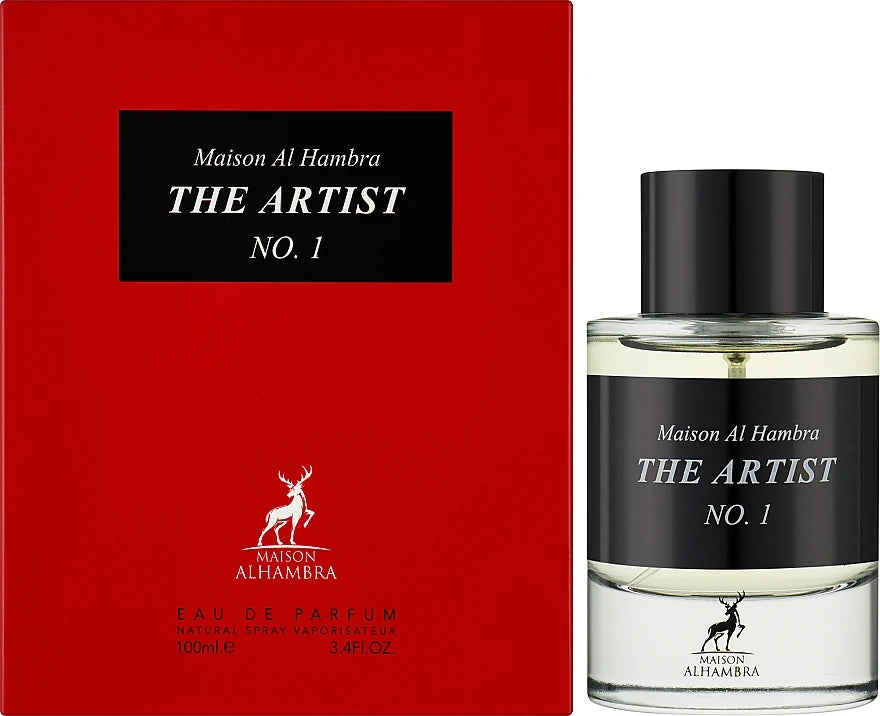 A red box of Maison Alhambra The Artist No.1 100ml Eau De Parfum reveals a 100ml clear glass bottle with a black cap and matching label, capturing an exquisite Amber Floral fragrance.